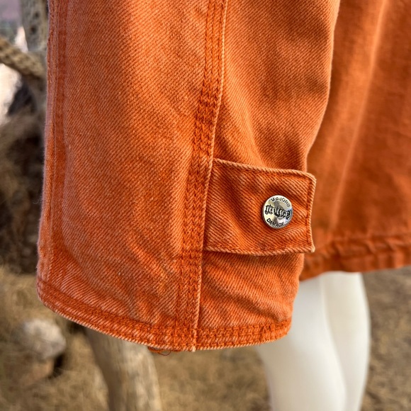 Major Damage Patchwork Drawstring Denim Coat, Mens XXL - Orange/Blk, 90s Vintage - Picture 6 of 12